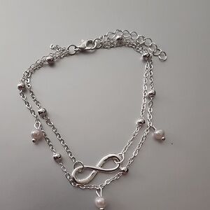 BEADED Faux Pearl  ANKLET Infinity Charm  Stainless + Silver Coat